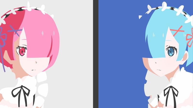 Yuki-Neh, minimalism, 1080P, anime girls, simple background, Re:Zero Kara Hajimeru Isekai Seikatsu, Ram (Re: Zero), blue hair, pink hair, Rem (Re: Zero