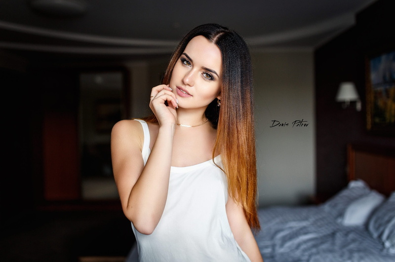 model, looking at camera, Alena, 1080P, long hair, indoors, brunette, waist up, luxury, dyed hair, hairstyle, beautiful woman, Denis Petrov, Alyona Odintsova
