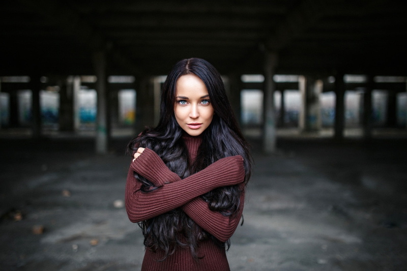 model, Angelina Petrova, arms crossed, depth of field, women, 1080P, Denis Petrov, portrait
