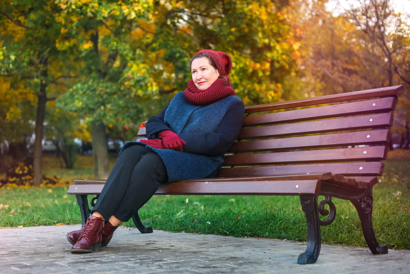 plant, young adult, day, outdoors, leisure activity, october, legs crossed at knee, adult, weather, warm clothing, autumn, bench, leaf, leaves, sitting