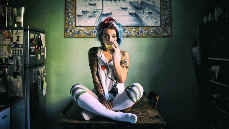 one person, lifestyles, looking, 1080P, women, portrait, young adult, adult, beauty, women legs crossed tattoos dyed hair looking at viewer table kitchen drinking glass knee highs white stockings striped leggings