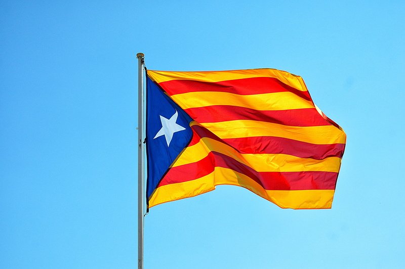 sky, flag, yellow, day, outdoors, no people, wind, blue background, striped, catalan countries, pole, country, environment, spain, independence of catalonia