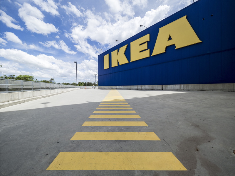 text, sky, blue, communication, 4K, day, outdoors, Ikea, road marking, symbol, parking garage, sign, road, direction, arrow Symbol, modern, Furniture