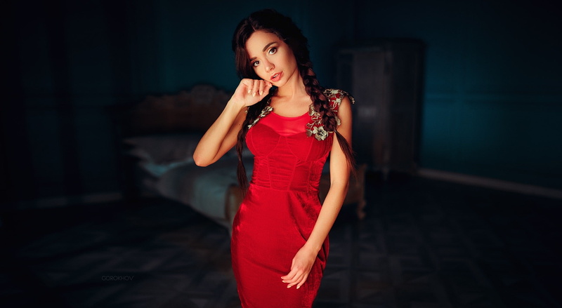 red dress, nightlife, Ivan Gorokhov, 1080P, beautiful people, Ekaterina Zueva, front view, young adult, looking at camera, clothing, pigtails, one person