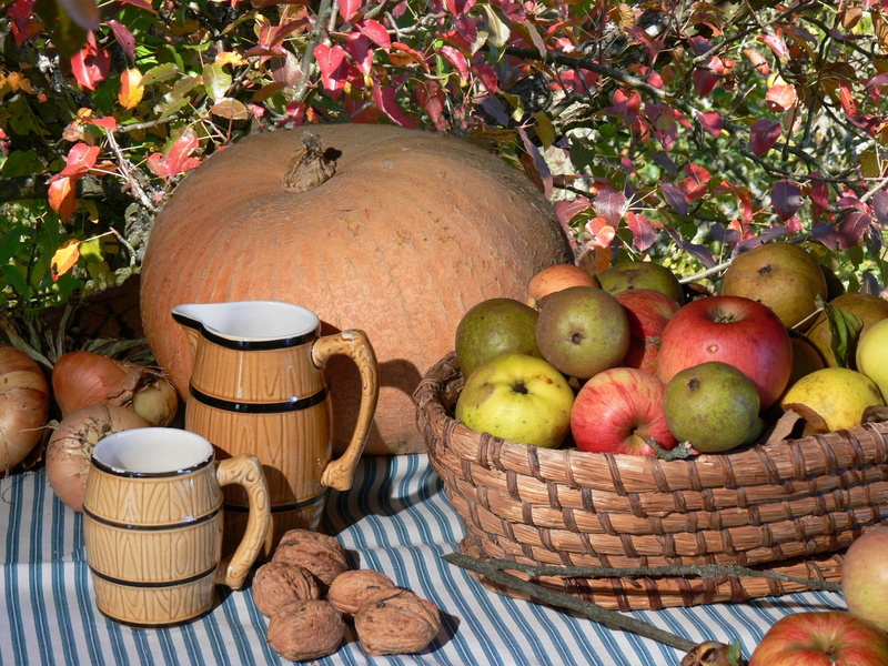 healthy eating, nature, table, day, freshness, nuts, fruit, 2K, thanksgiving, no people, still life, harvest, plant, basket, autumn, wood - material, apple - fruit