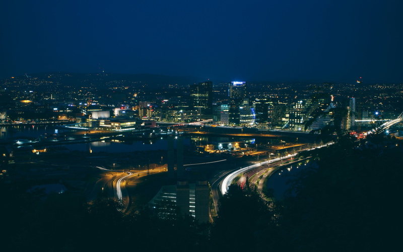 office building exterior, connection, night, outdoors, nature, Oslo, built structure, city, Norway, photograph, city life, architecture, high angle view