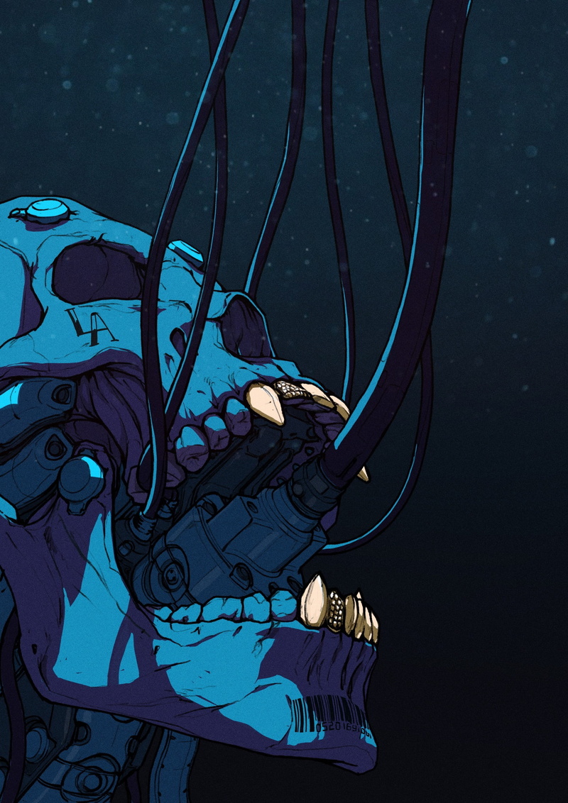 digital art, barcode, 2K, wires, Wouter Gort, artwork, underwater, skull, cyborg