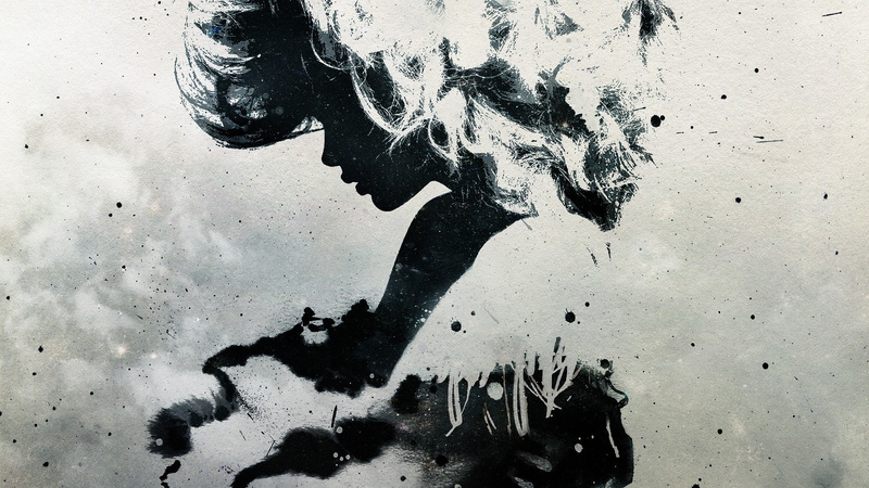 Alex Cherry, artwork, profile, paint splatter, 1080P, women, silhouette, monochrome