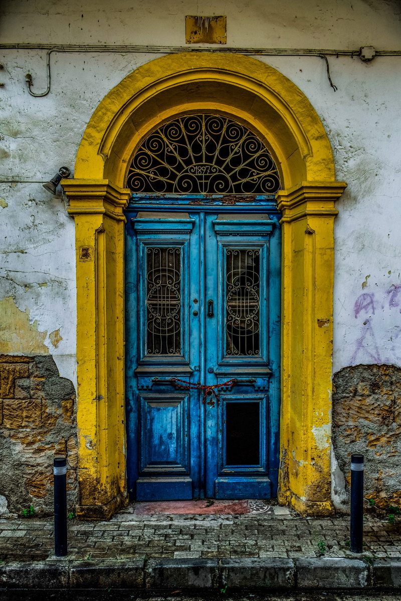 neoclassic, closed, aged, blue, day, window, exterior, building exterior, lefkosia, doorway, decay, 4K, building, gate, house, outdoors, no people, arch