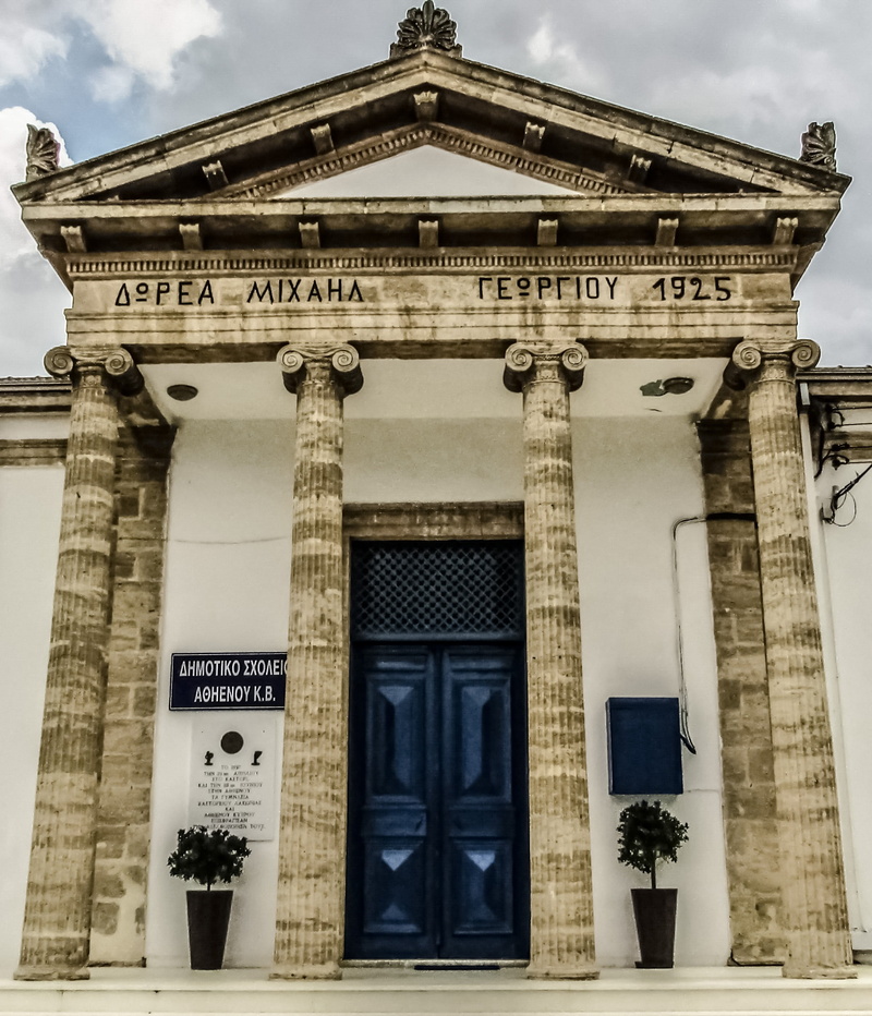 low angle view, the past, facade, cyprus, travel, neoclassic, building, western script, communication, architecture, sky, history, 1080P, travel destinations