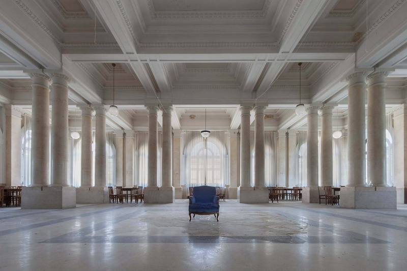 blue, absence, building, architecture, flooring, luxury, indoors, chair, empty, built structure, corridor, ceiling, architectural column, no people, full length