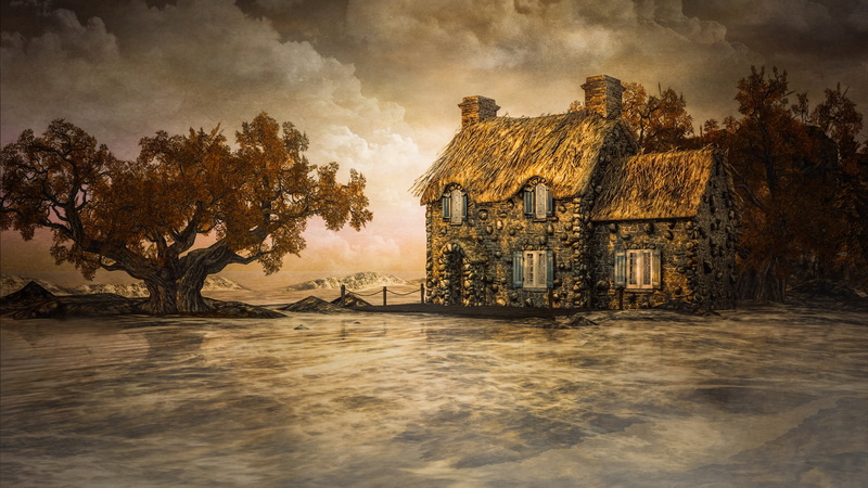 4K, autumn, clouds, stone, thatched roof, pond, warm colors, landscape, crown, shore, the sky, house, nature, mansion, spreading, Windows, rendering, digital art
