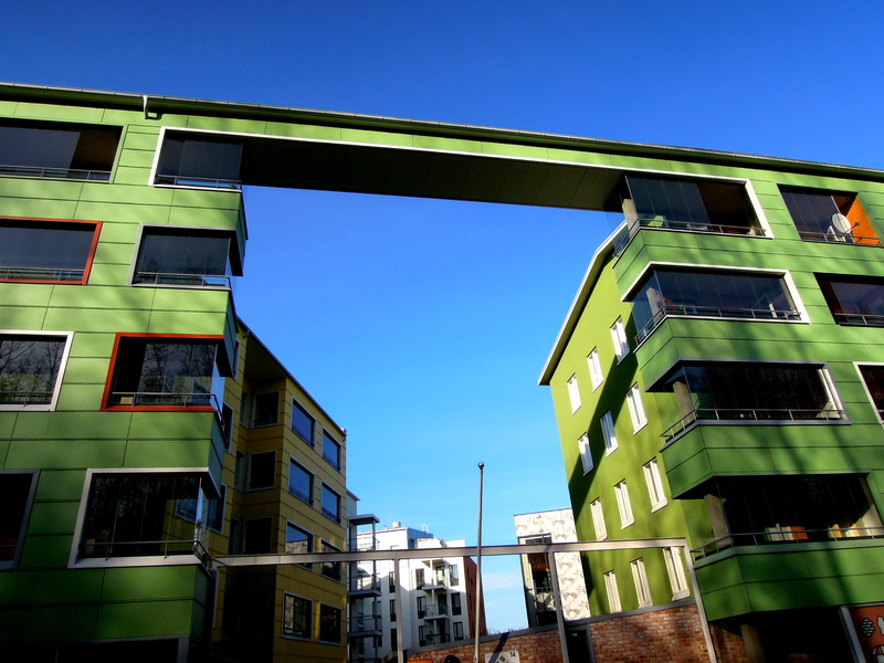 low angle view, modern, outdoors, house, block of flats, windows, prefabricated house, sunny, sky, vantaa, architecture, finnish, blue, no people, sunlight