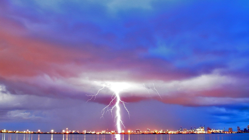 power in nature, night, dramatic sky, rainbow, blue, summer, purple, scenics, fork, building exterior, water, dusk, cityscape, cloud - Sky, illuminated