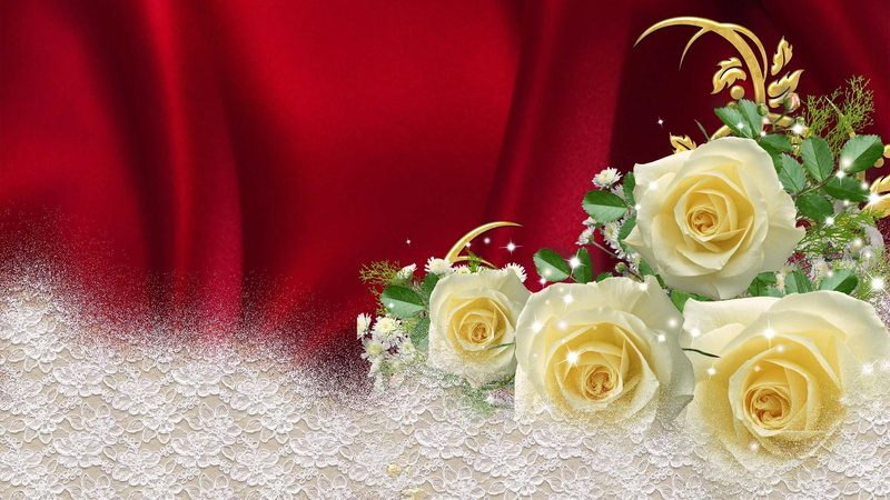 snow, luxurious, satin, rich, babys breath, flowers, white lace, yellow, red, 1080P, yellow roses, silk, gold, roses, luxury, glamour