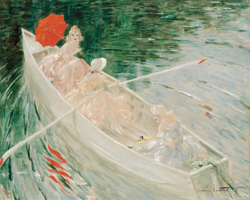 boat, women, classical art, Louis Icart, classic art, 1080P, painting