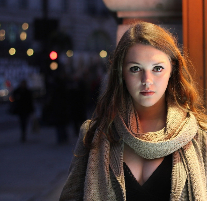 outdoors, city, front view, beauty, portrait, city street, city life, women, long hair, looking at camera, brown hair, 720P, adult, warm clothing, one person