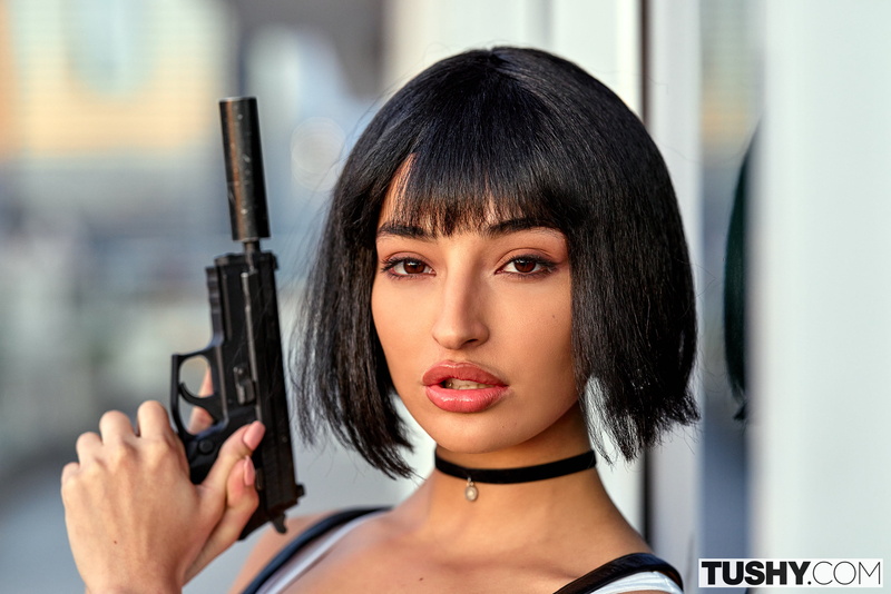 Tushy, black hair, pistol, Emily Willis, choker, 2K