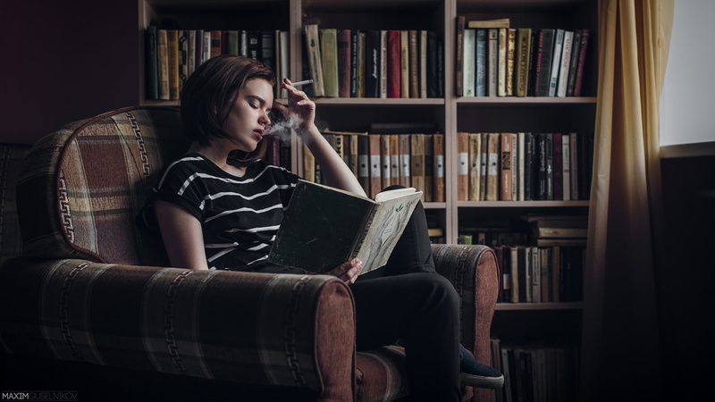 book, closed eyes, model, indoors, contemplation, publication, bookshelf, Maxim Guselnikov, one person, reading, Alina Bazanova, armchair, shelf, 1080P