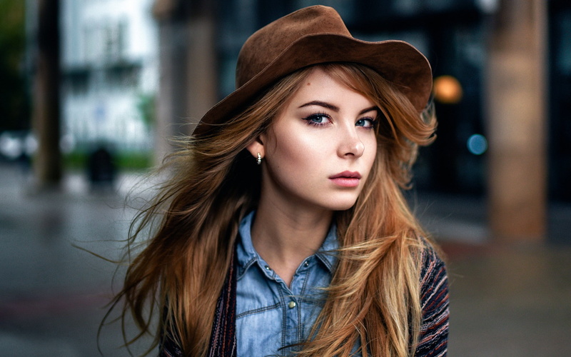 portrait, young women, Irina Popova, hat, looking at camera, contemplation, front view, long hair, clothing, hair, one person, fashion, women, urban, young adult