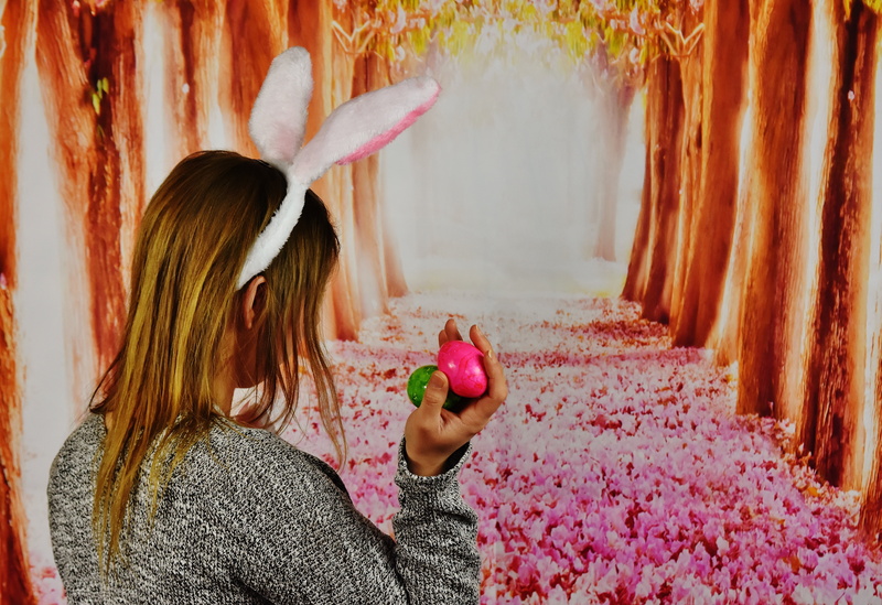 blond hair, wearing, girls, one person, day, one woman only, pink color, rear view, long hair, lifestyles, hairstyle, indoors, easter eggs, females, easter greetings