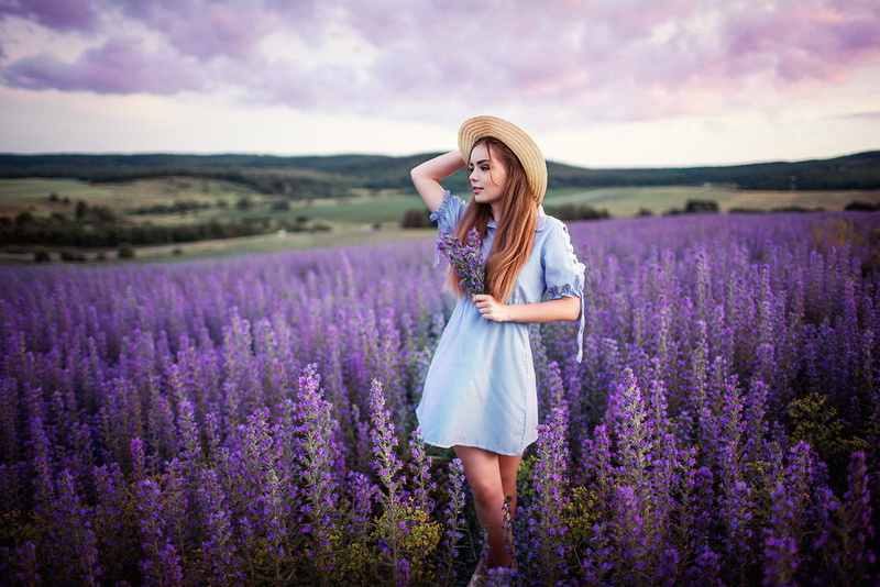 sky, one person, redhead, springtime, fashion, beauty in nature, beautiful woman, plant, purple, lavender, lavender colored, dress, agriculture, women outdoors