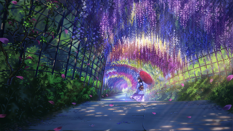 Garden, Colorful, Anime, Wisteria, 2K, Girl