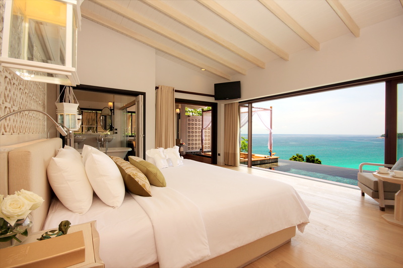 bed, bedspread, table, indoors, hotel room, home Ownership, white, tourist Resort, residential District, looking Through Window, decor, holiday Villa, modern