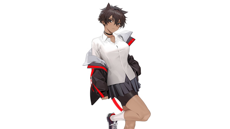 white shirt, socks, short hair, miniskirt, sneakers, brunette, spandex, Bike shorts, cat ears, dark skin, anime girls, choker, original characters, jacket