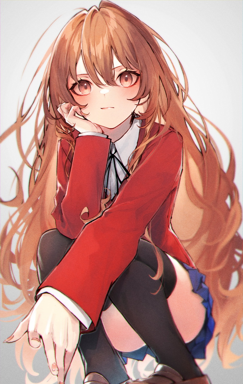gradient, blushing, thighs, school uniform, Kuwashima Rein, loli, looking at viewer, resting head, black stockings, anime, brown eyes, artwork, strategic covering
