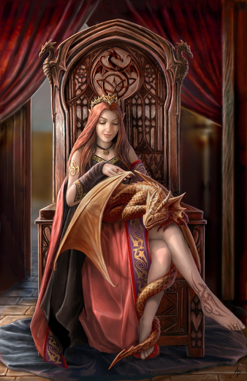 720P, Anne Stokes, tattoo, Curtain, throne, Portrait Display, dragon, Sleeping, women, sitting, Gothic, fantasy Art, digital art, elves