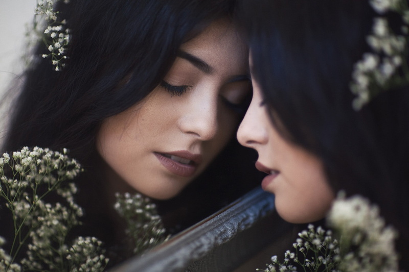 reflection, close-up, adult, positive emotion, young couple, togetherness, portrait, emotion, eyes closed, people, headshot, beautiful woman, young adult