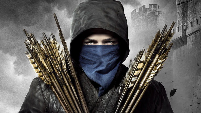 jacket, 2K, arrows, shawl, Taron Egerton, Robin Hood, fortress, black-and-white background, adventure, poster, background, hood, look, Robin Hood: The Beginning