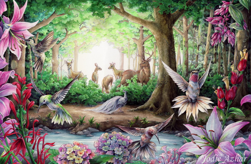 deer, flying, fawns, trees, colorful, pink, 1080P, green, forest, hummingbirds, birds, drawing, water, flowers, animals