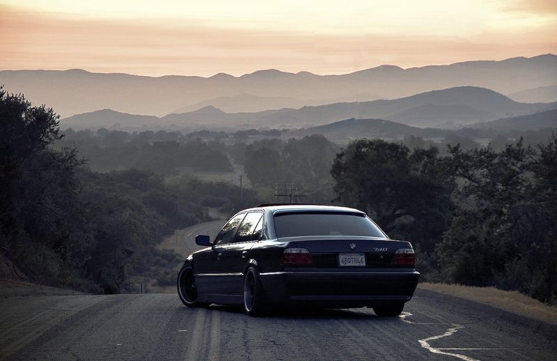 mode of transportation, black, mountain range, BMW 740, land vehicle, plant, car, road trip, journey, sedan, road, nature, sky, no people, 720P, forest