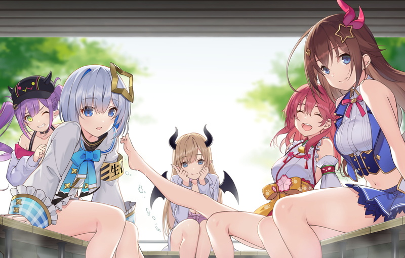 Tokoyami Towa, Akanebi, Hololive, Sakura Miko, smiling, group of women, Tokino Sora, anime girls, 1080P, yuzuki choco, purple hair, Amane Kanata