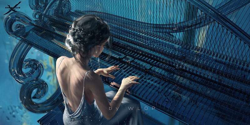 WLOP, 5K, musical instrument, original characters, Ghost + Blade, fantasy girl, 4K, comics