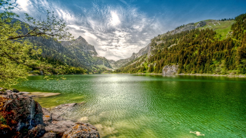 water, sky, plant, mountain range, 1080P, landscape, lake, beauty in nature, non-urban scene, tree, Switzerland, tranquil scene, mountain, clouds, forest