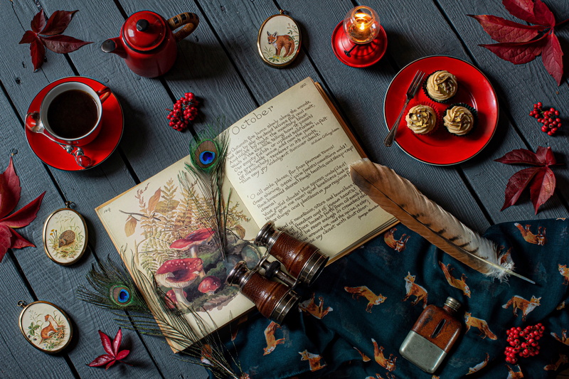binoculars, leaves, style, kettle, book, 5K, feathers, cupcakes, tea, Cup, still life, berries, candle
