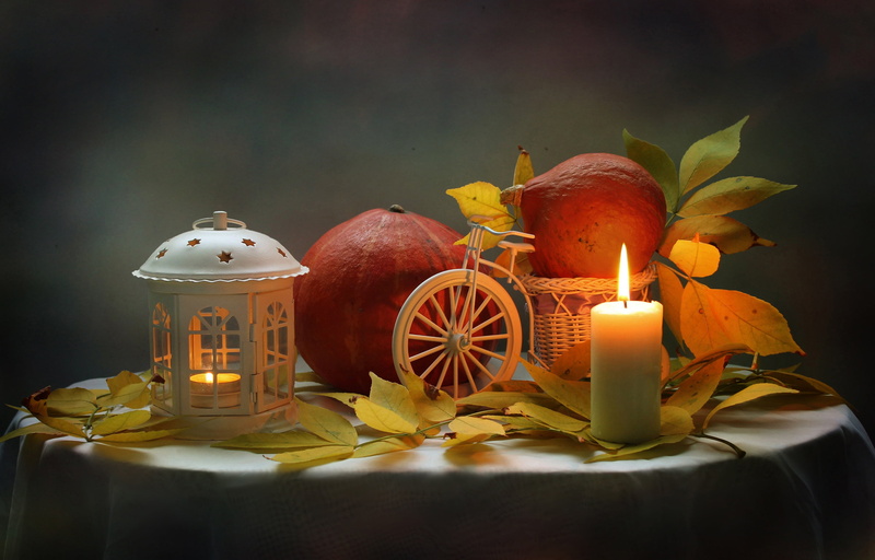 pumpkin, 2K, candle, flashlight, leaves, autumn, still life