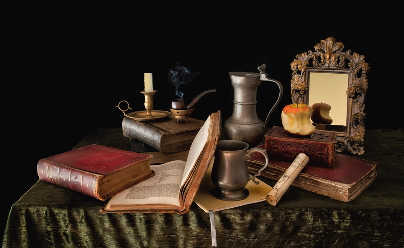 candle, mirror, books, 1080P, still life, pitcher, stub, tube, Apple