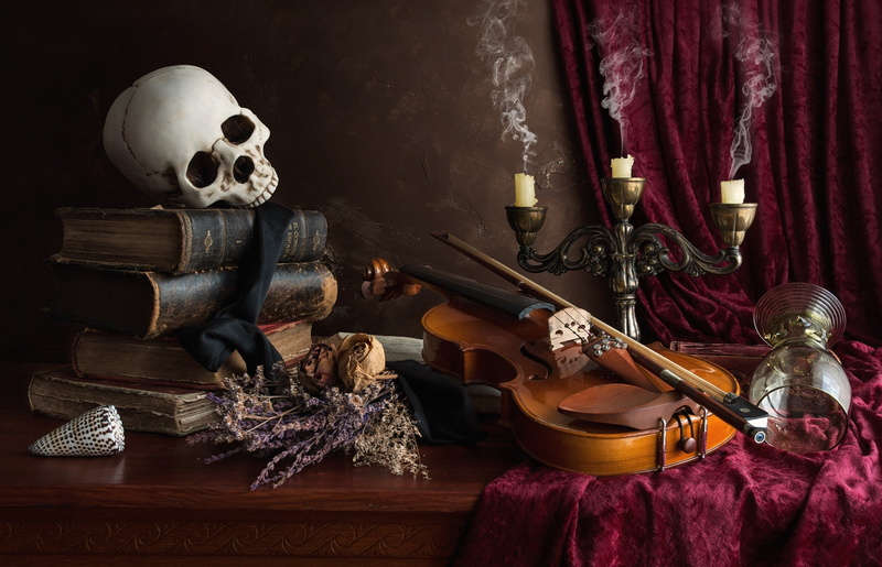 the dried flowers, violin, skull, candles, books, brown, 1080P, still life, glass