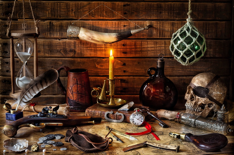 Bottle, Candle, Weapon, Coin, Photography, Pen, Book, 4K, Still Life, Map, Skull, Watch