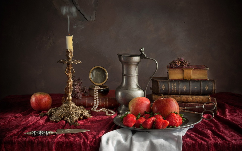 1080P, Book, Pitcher, Photography, Candle, Pearl, Apple, Knife, Strawberry, Still Life