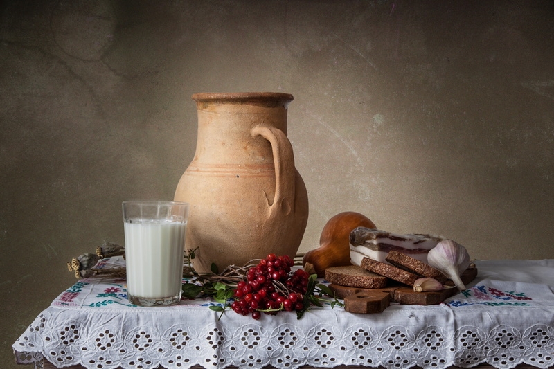 pitcher, glass, still life, fat, bread, Kalina, Mac, pumpkin, 2K, garlic, milk