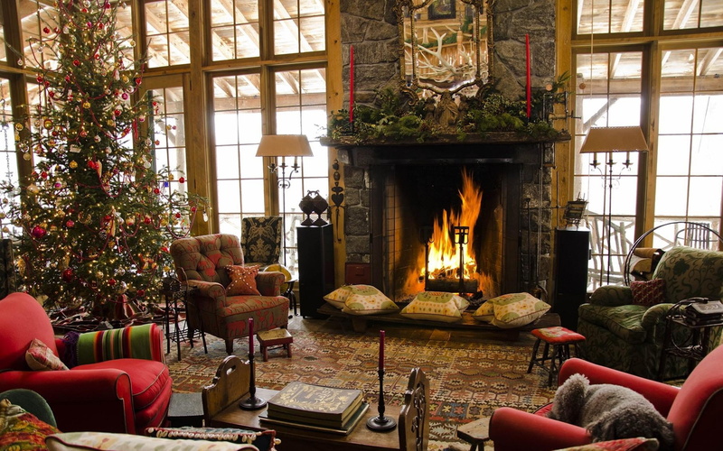 comfort, 4K, fireplace backgrounds, armchairs, fir, Home, christmas