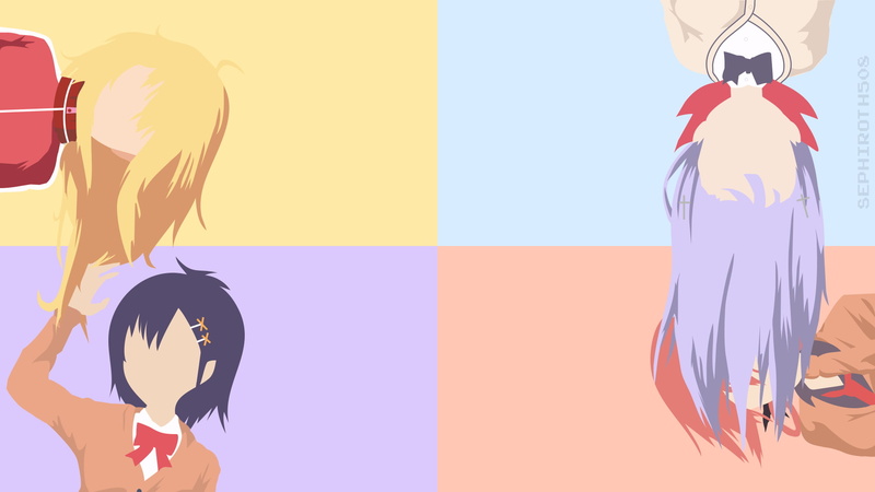 outdoors, anime girls, Satanichia McDowell Kurumizawa, Vignette April Tsukinose, people, minimalism, nature, Gabriel White Tenma, purple, art and craft