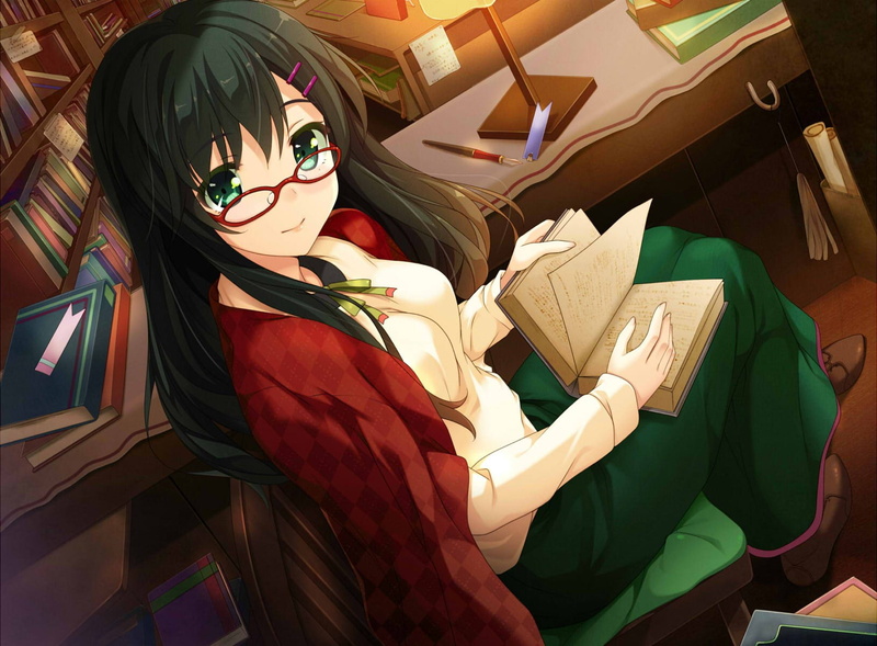 720P, smiling, green eyes, long hair, brunette, glasses, books, anime, anime girls