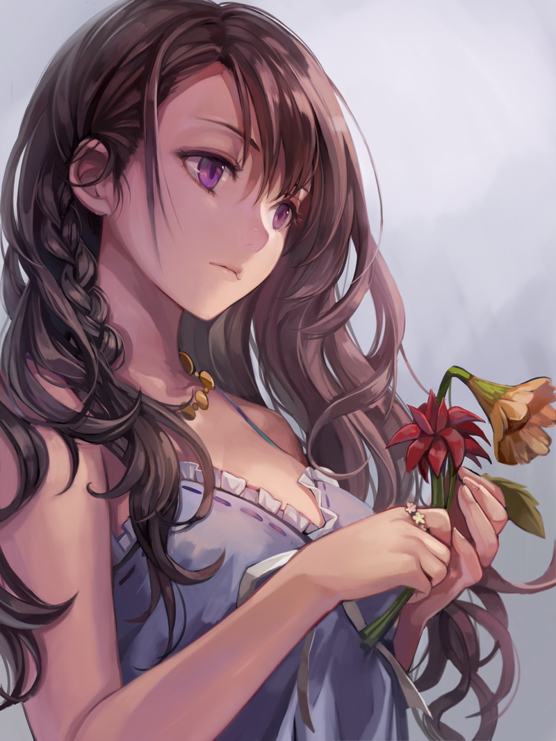purple eyes, 1080P, anime, anime girls, flowers, brunette, long hair