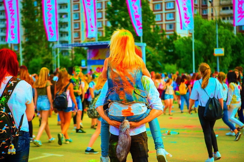 Holi, city, paint, the festival of colors, historical, adult, Moscow, group of people, green, tradition, red, yellow, real people, dancing, crowd, pikachu